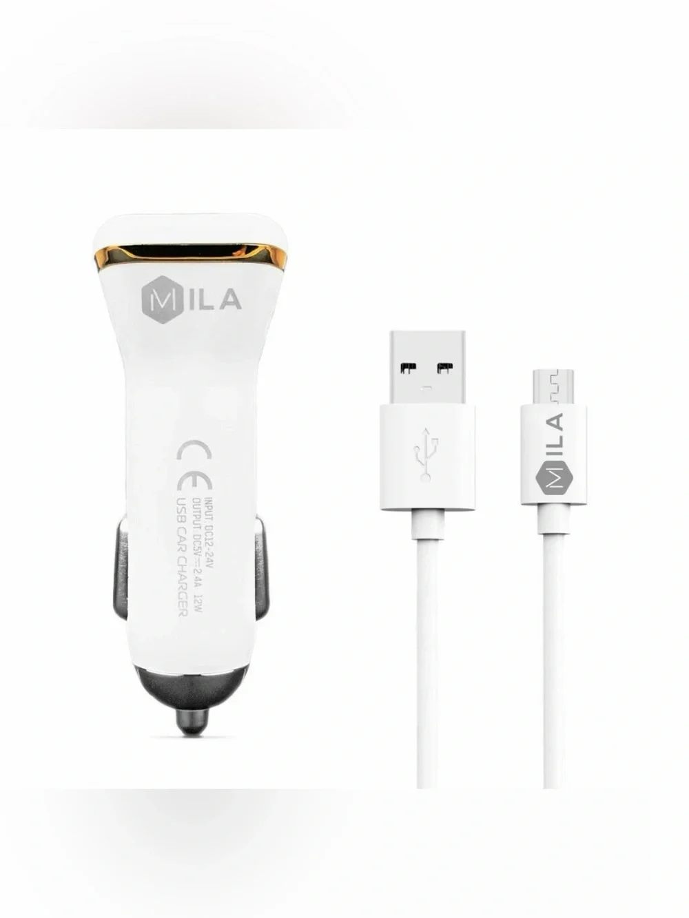 2.4A White & Gold USB Car Charger with 3.25 ft Cable